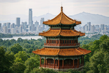 Fototapeta premium Traditional Chinese Pagoda Overlooking Dense Forest With Modern City Skyline In Distant Background