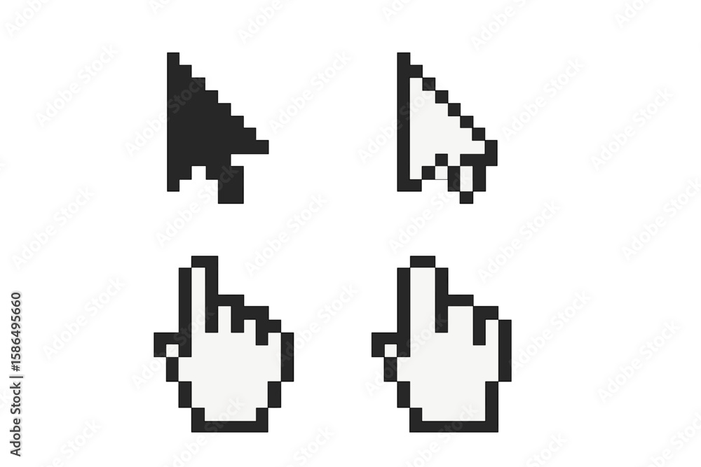 Fototapete pixel art mouse cursor icon set. hand pointer and arrow clicker. retro 8-bit computer cursor collect