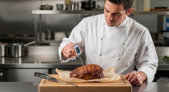 A professional chef uses a thermometer to check the temperature of a roasted meat dish