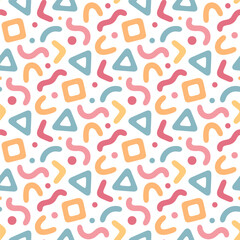 Small different colorful geometric shapes isolated on white background. Seamless pattern. Vector simple flat graphic illustration. Texture.