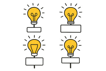 Creative Light Bulb Cartoon Signboards Vector Set – Hand Drawn Yellow Lightbulb Icons with Blank Nameplates, Business Idea Concept, Innovation, Brainstorming, Transparent Background, Editable Clipart