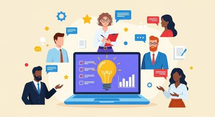 Flat illustration of diverse business team collaborates on a new idea, presented on a laptop screen with a glowing lightbulb