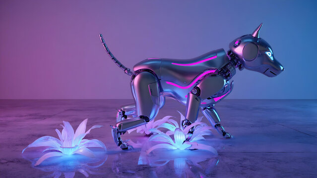 A chrome robotic dog strides through a futuristic, neon-lit landscape, illuminated flowers beneath its metallic paws.