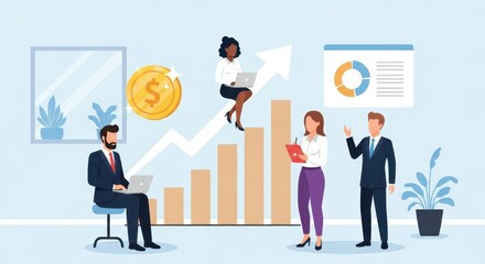 Flat illustration of a diverse team of professionals collaborates on a business growth chart with a golden coin symbolizing financial success