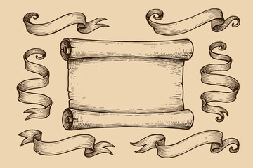 Vintage Hand Drawn Scroll and Ribbon Banner Set. Antique Scroll Sketch, Swirl Ribbons, Blank Paper Banner, Retro Decorative Elements, Engraved Style, Vector Illustration for Invitations and Labels