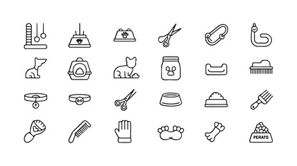 Black and white line art icons for pet care and accessories