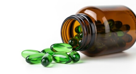 Green gel capsules spill from an amber bottle isolated on white background