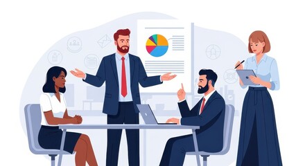 Flat illustration of a business team collaborates in a meeting, with one person presenting data and others engaged
