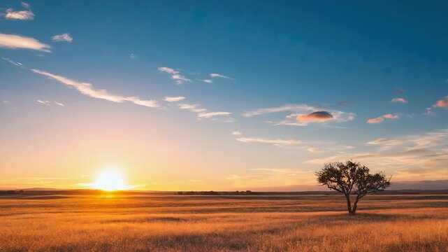 Sunset over open plains with lone tree