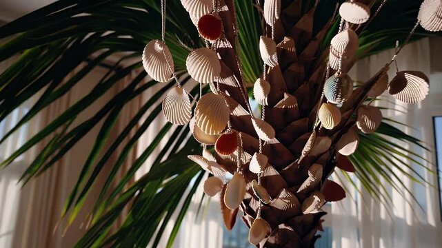 a palm tree adorned with beach themed shell decorations sways inside a bright home suggesting a relaxed tropical vacation ambiance and personalized island inspired party decor for interior design