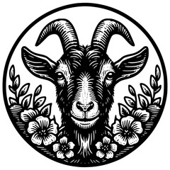 Goat face with flowers and circle border in vintage illustration style