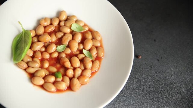 Bean stew tomato sauce cranberry beans vegetable dish beans borlotti fresh delicious gourmet food background on the table rustic food top view copy space keto and paleo diet vegan and vegan food
