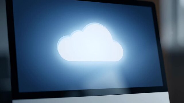 Cloud icon glowing on computer screen with digital storage technology and online data access for seamless cloud computing experience