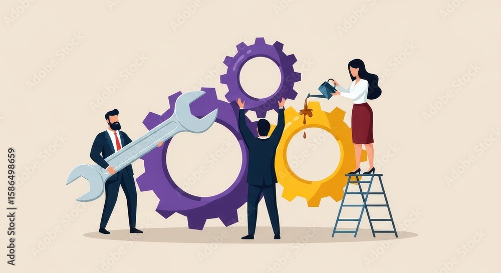 Poster flat illustration of business team working together with gears and tools to achieve project success 