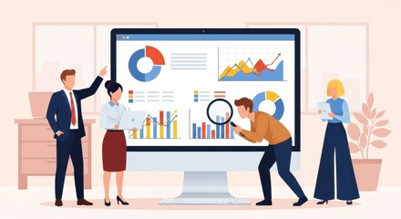 Flat illustration of business professionals analyze data and financial charts on a large computer screen during a team meeting
