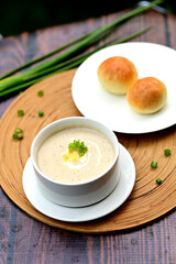 Creamy Chicken Mushroom Soup Served with Classic Bread Roll