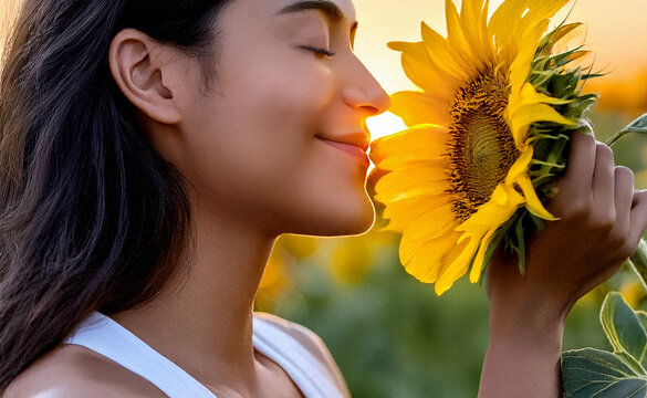 Summer Scene with Happy Woman Smelling Sunflower in Flower Field