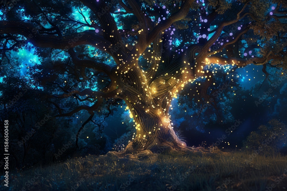 Poster magical tree with glowing lights illuminating a night forest with fireflies, creating a mystical atm