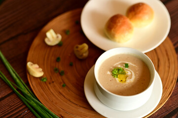 Rich and Creamy Chicken Mushroom Soup with Warm Bread Roll