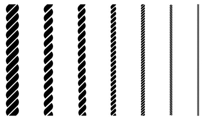 Straight ropes collection. Nautical rope silhouette set. Vector illustration isolated on white.