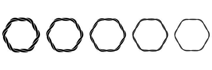 Different thickness rope hexagon frames set. Nautical rope shapes silhouette collection. Vector illustration isolated on white. © Віталій Баріда