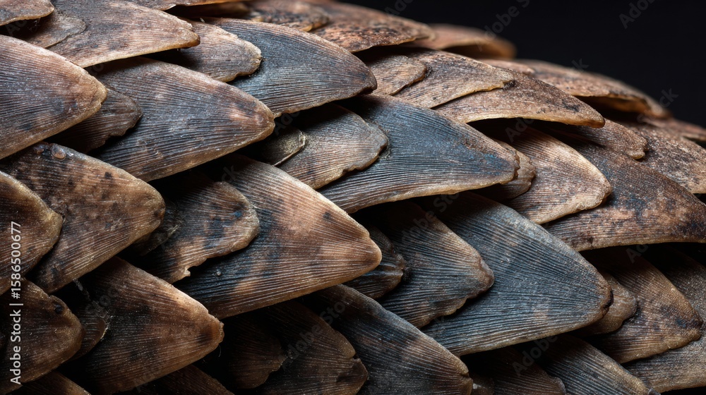 Poster detail of pangolin scales showcasing intricate textures and patterns in macro view under soft lighti
