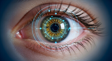 A close up of a human eye with a futuristic digital interface overlayed on the iris area of the eye