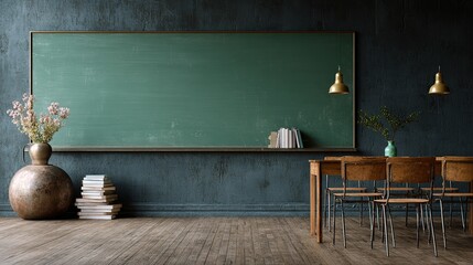 Intimate classroom scene with chalkboard, table, chairs, flowers, and soft lighting creating a warm ambiance.
