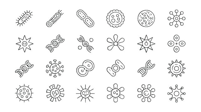 Black and white line art icons of various microorganisms and D N A