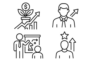 Business growth and corporate strategy icon set. Vector line icons for financial investment, career development, planning, presentation, and personal success achievement.