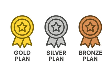 Gold, Silver, Bronze membership plan icons. Subscription tier medal set. Award ribbon with star for premium, standard, and basic levels. Loyalty program vector illustration.