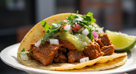 Close-up of a gourmet street taco with colorful fresh ingredients in a lively urban setting – photorealistic food shot with natural lighting, highlighting flavor, texture, and authentic street cuisine