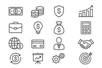 Business and finance thin line icon set. Money, investment, banking outline pictograms collection. Editable stroke vector icons for growth, strategy, payment, and security.