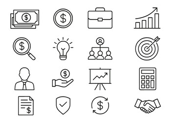 Business and finance thin line icon set. Money, investment, strategy and analysis symbols. Vector collection of management, marketing, and success outline icons with editable stroke.