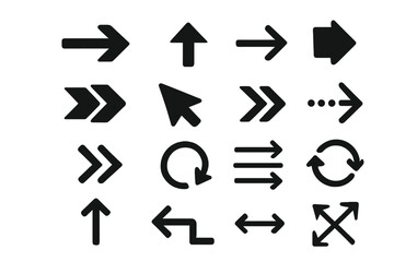 Black vector arrows collection. Big set of modern simple arrow icons for web design and UI. Arrow symbol, cursor, and pointer graphic elements. Directional signs.