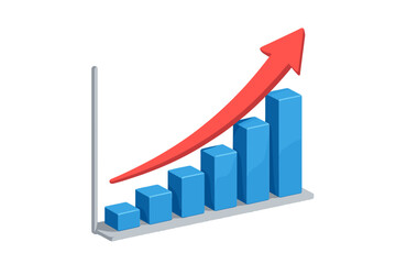 3D business growth analytics chart with a red arrow pointing up. Financial success and profit increase concept. Infographic for data visualization, marketing and business strategy.