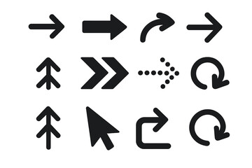 Black vector arrows collection. Arrow icon set. Modern simple cursors for web design and UI interface. Pointer, direction, next, refresh, and reload symbols.