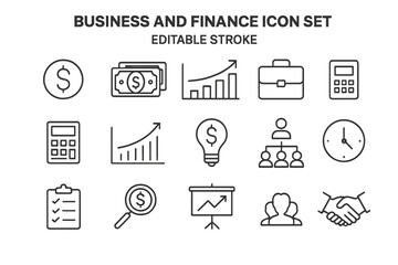 Business and finance icon set. Thin line collection of money and investment symbols. Editable stroke vector icons for growth, banking, and teamwork. Outline pictogram pack.