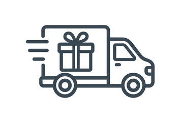 Fast delivery truck with gift box icon. Express shipping van for e-commerce, online shopping. Logistic service symbol. Present, surprise package transport vector illustration.