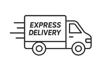Express delivery truck icon. Fast shipping and logistics concept. Lorry vehicle symbol for transport service. Quick move van illustration. Line art pictogram for courier business.