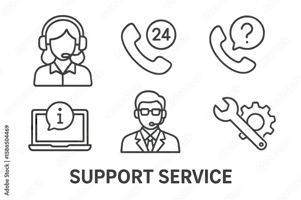 Fototapete Support service line icons set. Call center operator with headset. 24 hour hotline for client consultation. Technical help, online assistance with laptop, phone vector symbols.