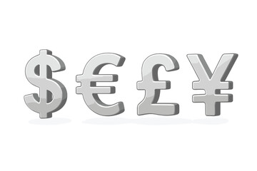 Set of 3D international currency symbols. Realistic silver metallic dollar, euro, pound, and yen signs. Financial and economic vector icons for money exchange concepts.