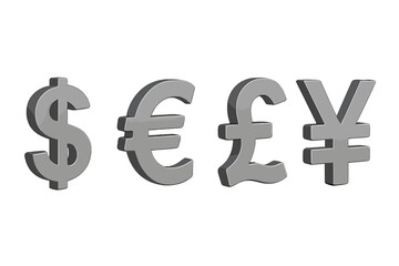 International currency 3D symbol icons. Set of common currency signs: dollar, euro, pound, and yen. Vector for finance, forex, money exchange, and global economy concepts.