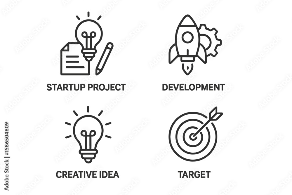 Poster startup project and business development icon set. creative idea, growth, and target goal concept. t