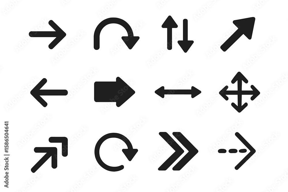 Poster black vector arrow icons set. collection of different flat style direction and navigation signs. poi