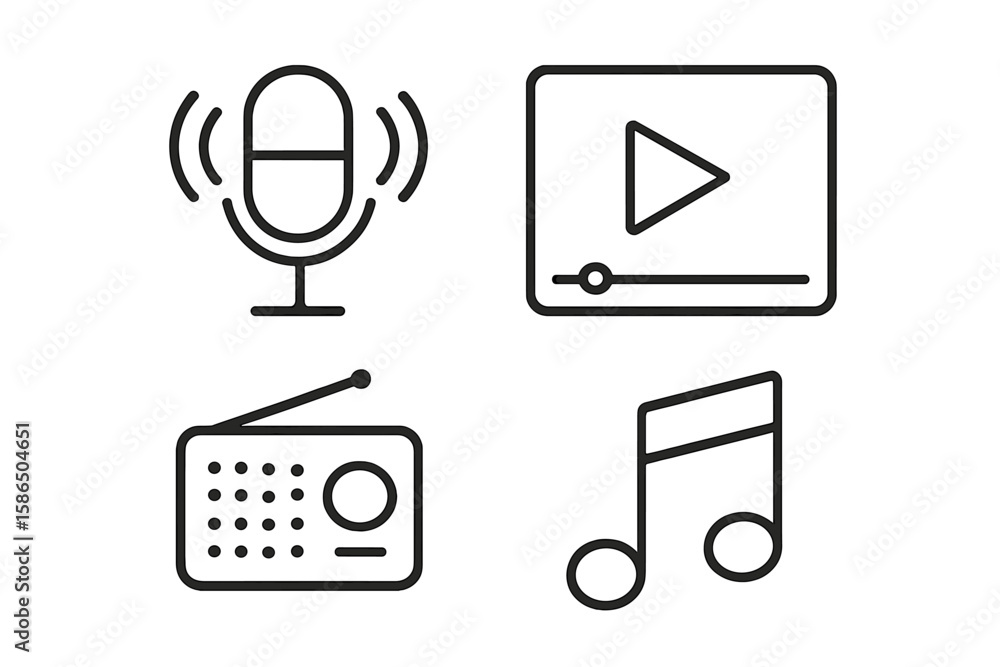 Poster audio video line icon set. music and media player icons for web and mobile app. podcast microphone, 