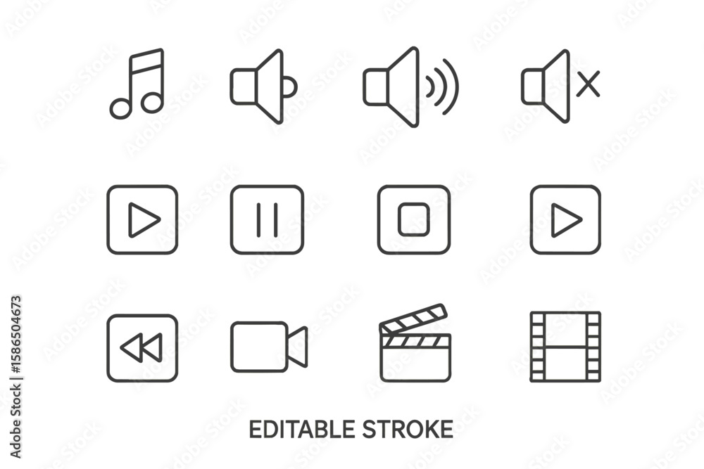 Poster audio and video thin line icon set. music player and movie editor interface buttons. editable stroke