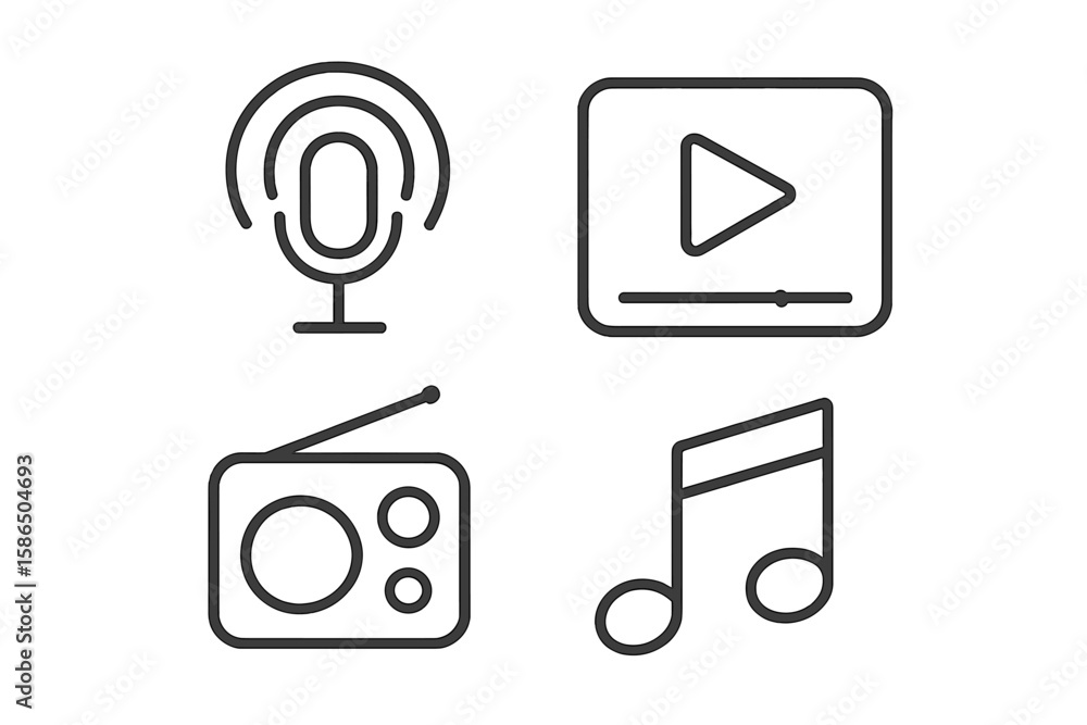 Poster audio video icon set for ui ux design. thin line style vector collection for web and mobile app. inc