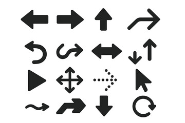 Black vector arrow icon set for web design and UI. Flat style navigation and direction pointers collection. Includes cursor, refresh, move, up, down, left, and right symbols.