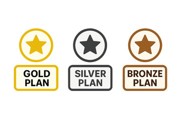 Membership plan icons with gold, silver, and bronze tiers. Vector set for subscription models, pricing tables, and user interface web buttons. Premium and basic packages.